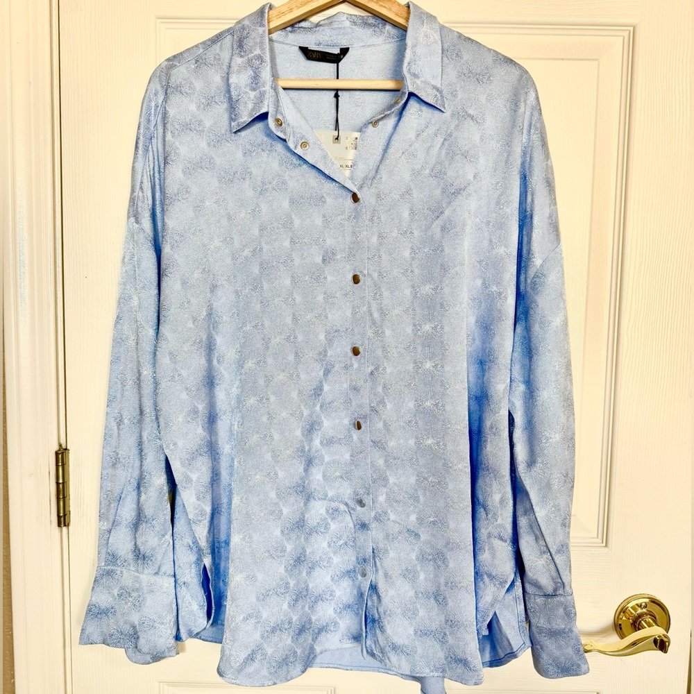 Zara Light Blue Textured Satin Button Down Shirt Size XL NWT Flowy Effortless